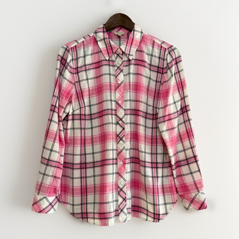 Talbots Plaid Cotton Shirt Button Up Collar Lightweight Classic Preppy Pink Med - Picture 2 of 16